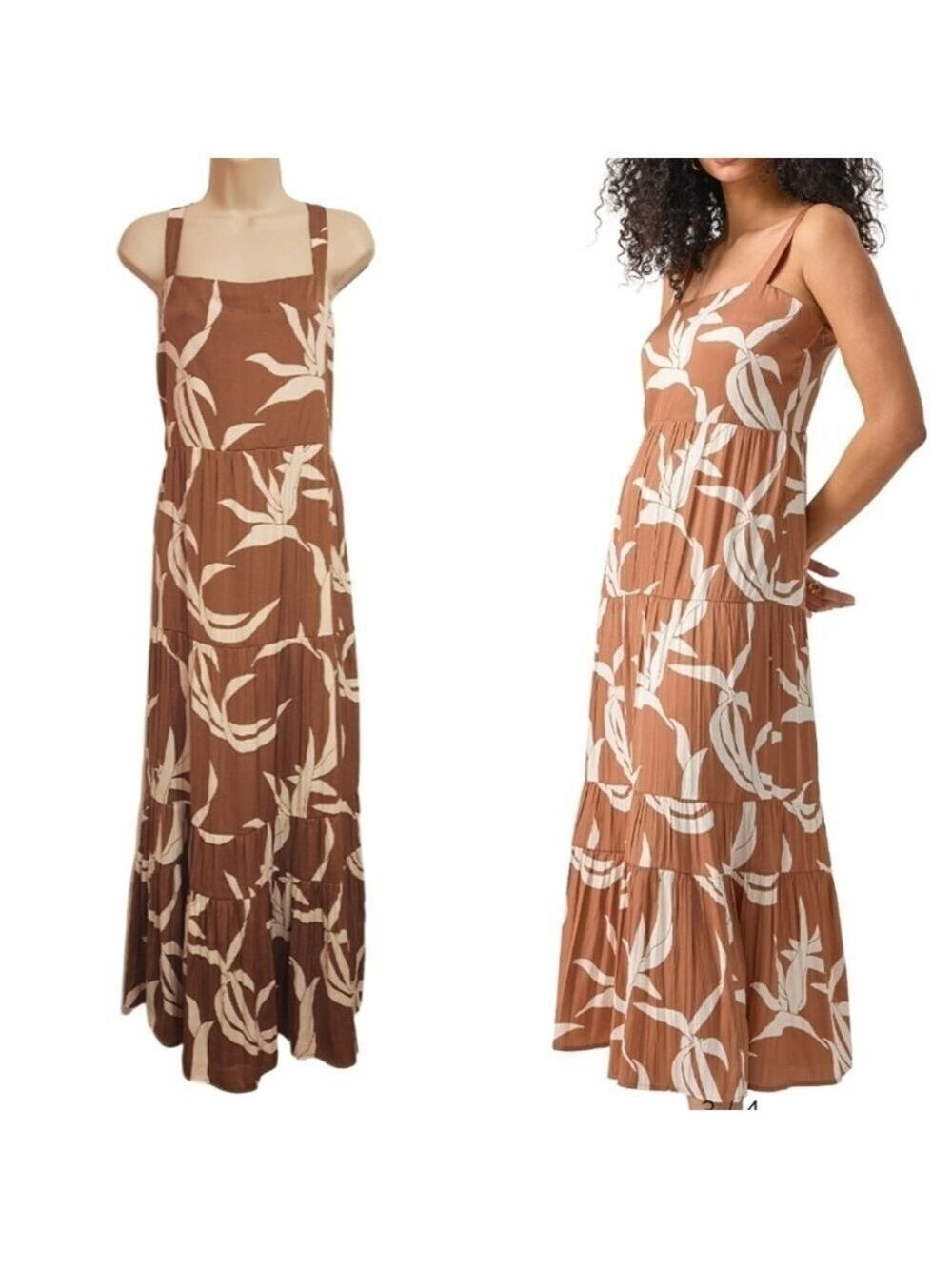 Sanctuary Brown Beige Floral Maxi Strappy Summer Dress Size 12